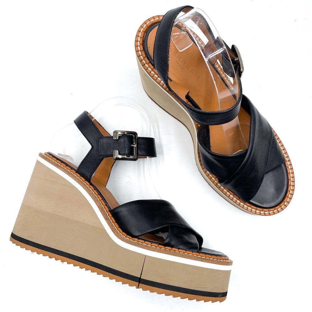 Clergerie Noemi Platform Wedge Sandals Black Leather Criss Cross‎ Sz 40.5 / 10